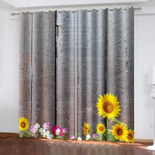 Gardine Verdunkelung, Scheibengardine 2er Set Herbst Grau Gelb Holzbrett und Sonnenblumenmuster Polyester 264x214cm Gardine Verdunkelung, Scheibengardine 2er Set Herbst Grau Gelb Holzbrett und Sonnenblumenmuster Polyester 264x214cm von Aotiwe
