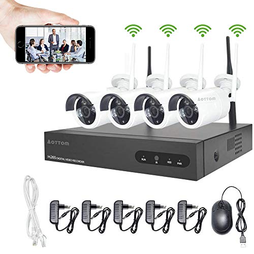 8CH 720P WLAN Überwachungskamera Set, 8CH NVR Kit mit 4 Außen 720P Sicherheitskamera ohne Festplatte, IP Kamera Outdoor, Beweungsmelder, 30m IR Nachtsicht, IP 66 Wasserdicht, kostenlos App von Aottom