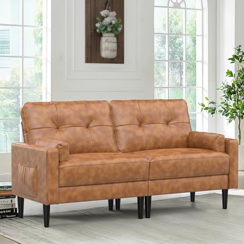 Aotumm Ciort Sofa 2 Sitzer, Modernes Sofa mit Dicken Polstern, 2 Kissen, Bequemes Ledersofa mit 2 Staufächern für Wohnzimmer/Schlafzimmer/Büro, Leicht zusammenzubauendes Sofa Klein 2 Sitzer, Braun von Aotumm Ciort