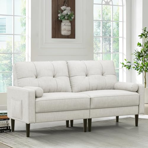 Aotumm Ciort Sofa 2 Sitzer, Modernes Sofa mit Dicken Polstern, 2 Kissen, Bequemes Leinensofa mit 2 Staufächern für Wohnzimmer/Schlafzimmer/Büro, Leicht zusammenzubauendes Sofa Klein (Beige) von Aotumm Ciort