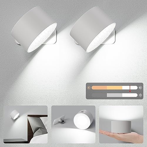 Aourow LED Wandleuchte Innen 2er Pack,3 Helligkeit Wand Licht mit Warmem/Natürlichem/Weißem Licht,Berührungssteuerung Kabellose Wandlampe,360 °Drehen Wandspot LED für Schlafzimmer Wohnzimmer Korridor von Aourow