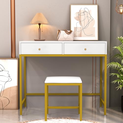 Aovquof Schminktisch mit Hocker, Frisiertisch mit Schubladen, Große Tischplatte, moderner Schminktisch für das Schlafzimmer, weiß (Roségoldener Rundgriff) von Aovquof
