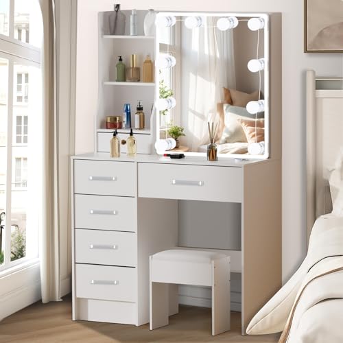 Aovquof Schminktisch mit LED-Beleuchtung Spiegel, einstellbare Helligkeit, Schminktisch mit Stuhl, Modern Frisiertisch mit 6 Schubladen und 4 Ablagen, Kosmetiktisch aus Holz, Weiß Aovquof Schminktisch mit LED-Beleuchtung Spiegel, einstellbare Helligkeit, Schminktisch mit Stuhl, Modern Frisiertisch mit 6 Schubladen und 4 Ablagen, Kosmetiktisch aus Holz, Weiß von Aovquof