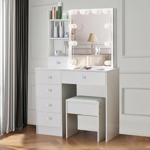 Aovquof Schminktisch mit LED-Beleuchtung Spiegel, einstellbare Helligkeit, Schminktisch mit Stuhl, Weiß Frisiertisch mit 6 Schubladen und 4 Ablagen, Modern Kosmetiktisch aus Holz Aovquof Schminktisch mit LED-Beleuchtung Spiegel, einstellbare Helligkeit, Schminktisch mit Stuhl, Weiß Frisiertisch mit 6 Schubladen und 4 Ablagen, Modern Kosmetiktisch aus Holz von Aovquof