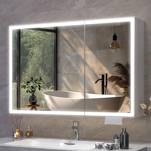 Aovquof Spiegelschrank mit Beleuchtung - 100×60cm Spiegelschrank Bad mit Stauraum, Badspiegelschrank mit einstellbaren dimmbaren LED-Leuchten mit Demist-Funktion, Moderne Cremefarbe Aovquof Spiegelschrank mit Beleuchtung - 100×60cm Spiegelschrank Bad mit Stauraum, Badspiegelschrank mit einstellbaren dimmbaren LED-Leuchten mit Demist-Funktion, Moderne Cremefarbe von Aovquof