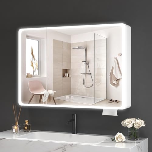 Aovquof Spiegelschrank mit Beleuchtung - 100×70cm Spiegelschrank Bad mit Stauraum, Badspiegelschrank mit einstellbaren dimmbaren LED-Leuchten mit Demist-Funktion, abgerundet Cremefarbe Aovquof Spiegelschrank mit Beleuchtung - 100×70cm Spiegelschrank Bad mit Stauraum, Badspiegelschrank mit einstellbaren dimmbaren LED-Leuchten mit Demist-Funktion, abgerundet Cremefarbe von Aovquof