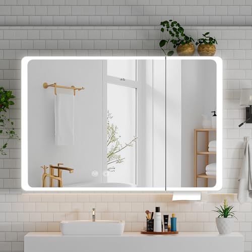 Aovquof Spiegelschrank mit Beleuchtung - 80×70cm Spiegelschrank Bad mit Stauraum, Badspiegelschrank mit einstellbaren dimmbaren LED-Leuchten mit Demist-Funktion, abgerundet Schwarz Aovquof Spiegelschrank mit Beleuchtung - 80×70cm Spiegelschrank Bad mit Stauraum, Badspiegelschrank mit einstellbaren dimmbaren LED-Leuchten mit Demist-Funktion, abgerundet Schwarz von Aovquof