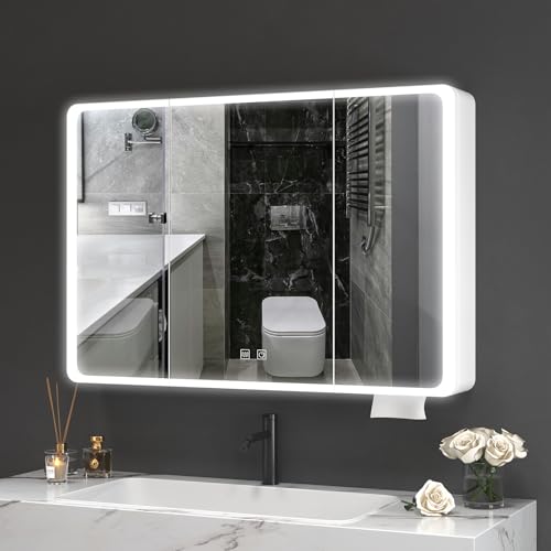 Aovquof Spiegelschrank mit Beleuchtung - 90×70cm Spiegelschrank Bad mit Stauraum, Badspiegelschrank mit einstellbaren dimmbaren LED-Leuchten mit Demist-Funktion, abgerundet Cremefarbe Aovquof Spiegelschrank mit Beleuchtung - 90×70cm Spiegelschrank Bad mit Stauraum, Badspiegelschrank mit einstellbaren dimmbaren LED-Leuchten mit Demist-Funktion, abgerundet Cremefarbe von Aovquof
