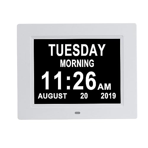 Aowasi [Auto-Dimm-Optionen] Digitaler Tageskalender-Uhr ohne Abkürzungen mit großer Datumszeit, 8 Alarmoptionen, Batterie-Backup, Demenz, Gedächtnisverlust, ältere Menschen von Aowasi