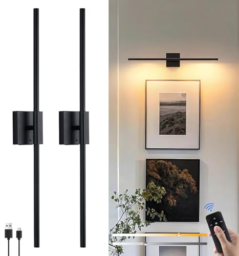 2 Stück Akku Wandleuchten 8000mAh, Wiederaufladbare LED-Kabellose Wandlampe mit Touch- und Fernbedienung, 3 Farbmodi, Dimmbar Schwarz L:80cm 360° Drehbar Innen LED Batteriebetriebene Wandleuchte von Aozhate
