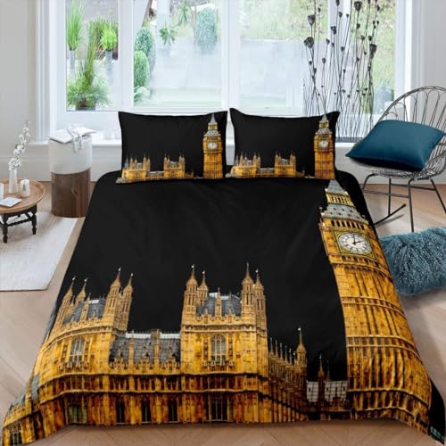 Aozhiswe London Bettwäsche 200x200 Schwarzer Ben Bell Bettbezug 3 Teilig Bettwäsche-Sets 200x200, Weiche Mikrofaser 3D Bettbezüge mit Reißverschluss und 2 Kissenbezug 5038r von Aozhiswe