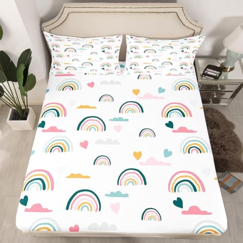 Aozhiswe Spannbettlaken 100x200 Regenbogen 3D Spannbetttuch Süße Kinder Bettlaken Set Weiches Mikrofaser Spannbetttücher Tiefe Tasche 30 cm Mit 2 Kissenbezügen 80x80 cm A8556 von Aozhiswe