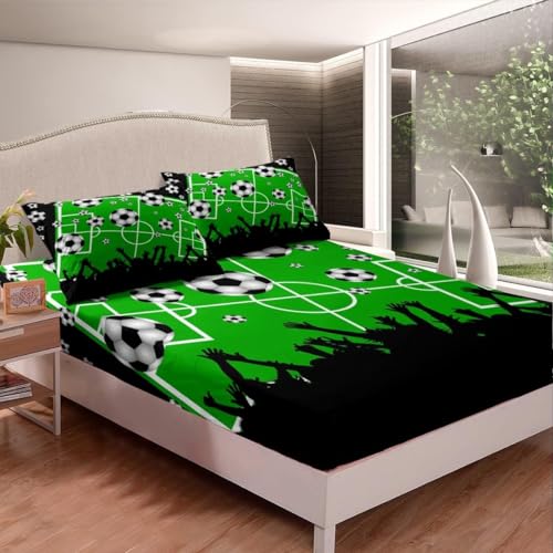 Spannbettlaken 120x200 Fußball 3D Spannbetttuch Sportthema Bettlaken Set Weiches Mikrofaser Spannbetttücher Tiefe Tasche 30 cm Mit 2 Kissenbezügen 80x80 cm A6261 von Aozhiswe