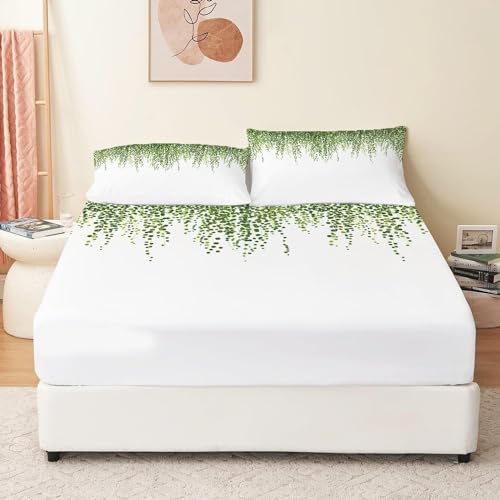 Spannbettlaken 90x200 Grüne Pflanzen 3D Spannbetttuch Weiß Bettlaken Set Weiches Mikrofaser Spannbetttücher Tiefe Tasche 30 cm Mit 2 Kissenbezügen 80x80 cm e1758 von Aozhiswe