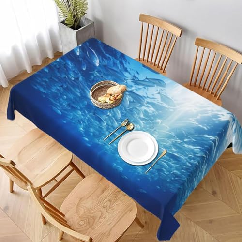 Tischdecke Abwaschbar Blaue Meereslebewesen Outdoor Rechteckig 140x300 cm 3D Tischdecken Fischschwarm, Tischtuch Ornamente Polyester Gartentischdecke 300x140 Tischwäsche Wetterfest a-7328 von Aozhiswe