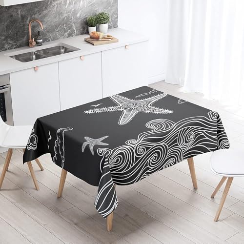 Tischdecke Abwaschbar Wellenseestern Outdoor Rechteckig 100x140 cm 3D Tischdecken Schwarz, Tischtuch Ornamente Polyester Gartentischdecke 140x100 Tischwäsche Wetterfest a-6853 von Aozhiswe