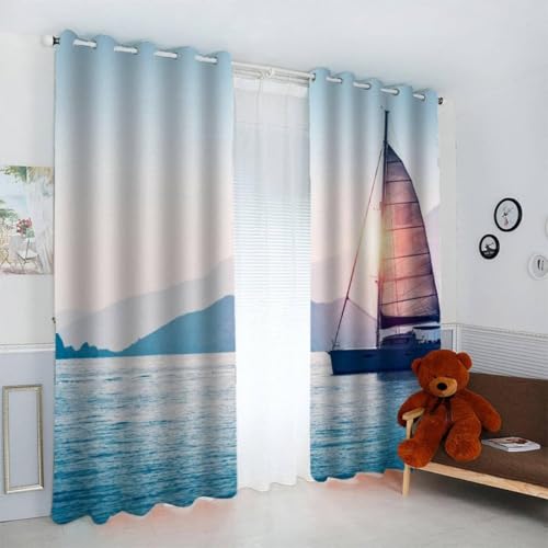 Vorhang Blickdicht Berg Meer Vorhänge Segelboot Gardinen Wohnzimmer Schlafzimmer Verdunklungsvorhänge Thermovorhang 3D Druck Schallschutz Vorhang mit Ösen 2er Set B 132 x H 240 cm a.7578 von Aozhiswe