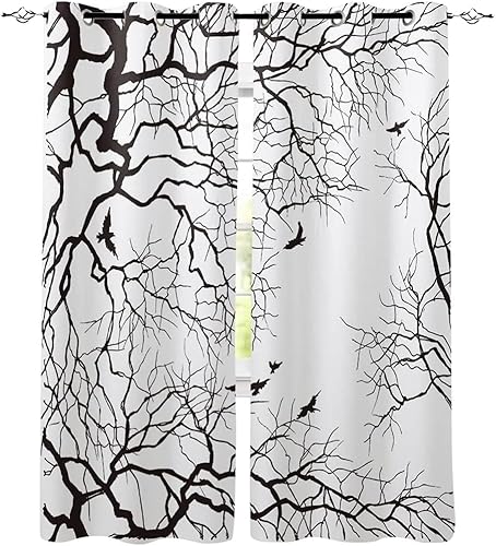 Vorhang Blickdicht Vogel Auf AST Vorhänge Schwarz Und Weiß Gardinen Wohnzimmer Schlafzimmer Verdunklungsvorhänge Thermovorhang 3D Druck Vorhang mit Ösen 2er Set B 132 x H 240 cm a.7168 von Aozhiswe