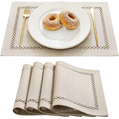 Aoztio Bauernhaus Leinen Stil Platzsets, Tischset 4er Set 30 x 45 cm, Leinen-Optik Rustikale-Geometrische Lochmuster Platzsets, abwaschbar für Essen, Partys und täglichen Gebrauch - Kaffee von Aoztio