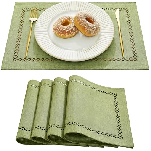 Aoztio Bauernhaus Leinen Stil Platzsets, Tischset 4er Set 30 x 45 cm, Leinen-Optik Rustikale-Geometrische Lochmuster Platzsets, abwaschbar für Essen, Partys und täglichen Gebrauch - Salbei Grün von Aoztio