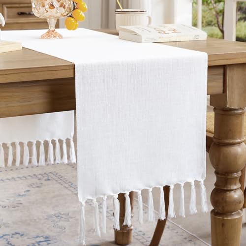 Aoztio Mode Weiß Landhausstil Quasten Tischläufer, 33 x 180 cm Leinenstil Leinenstil, Waschbarer Boho Tischläufer für Küche, Esszimmer Deko von Aoztio