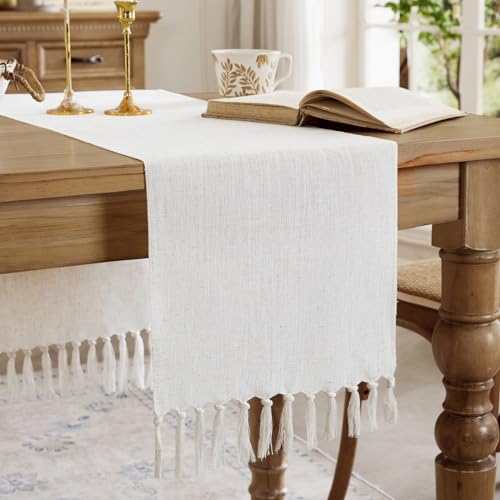 Aoztio Mode Creme Landhausstil Quasten Tischläufer, 33 x 230 cm Leinenstil Leinenstil, Waschbarer Boho Tischläufer für Küche, Esszimmer Deko von Aoztio