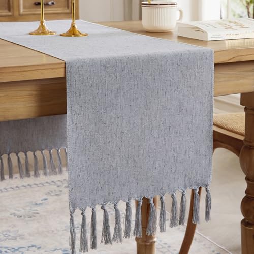 Aoztio Mode Silber Grau Landhausstil Quasten Tischläufer, 33 x 230 cm Leinenstil Leinenstil, Waschbarer Boho Tischläufer für Küche, Esszimmer Deko von Aoztio