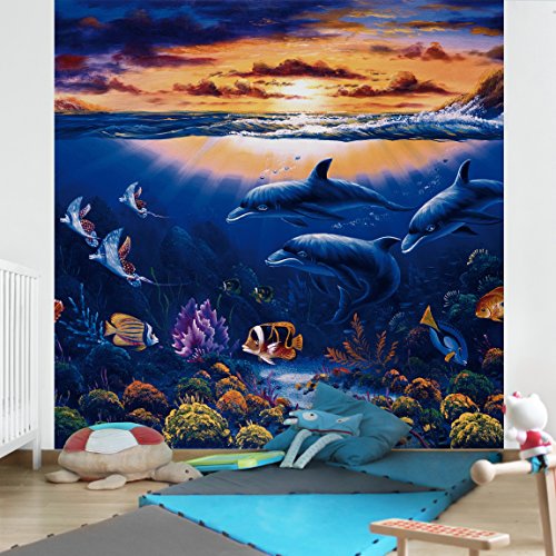 Apalis Kindertapeten Vliestapeten Dolphins World Fototapete Quadrat | Vlies Tapete Wandtapete Wandbild Foto 3D Fototapete für Schlafzimmer Wohnzimmer Küche | Größe: 192x192 cm, blau, 95304 von Apalis