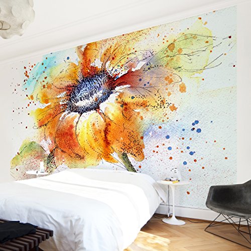 Apalis Vliestapete Blumentapete Painted Sunflower Fototapete Breit | Vlies Tapete Wandtapete Wandbild Foto 3D Fototapete für Schlafzimmer Wohnzimmer Küche | gelb, 94993 von Apalis