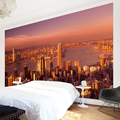 Apalis Vliestapete Hongkong Sunset Fototapete Breit | Vlies Tapete Wandtapete Wandbild Foto 3D Fototapete für Schlafzimmer Wohnzimmer Küche | orange, 94675 von Apalis