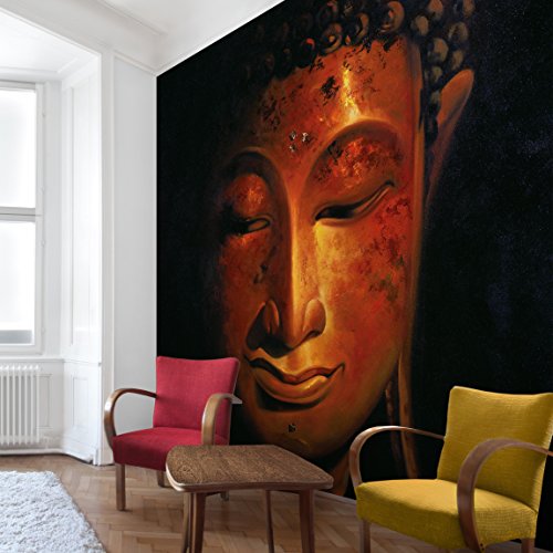 Apalis Vliestapete Madras Buddha Fototapete Quadrat | Vlies Tapete Wandtapete Wandbild Foto 3D Fototapete für Schlafzimmer Wohnzimmer Küche | Größe: 336x336 cm, orange, 95375 von Apalis