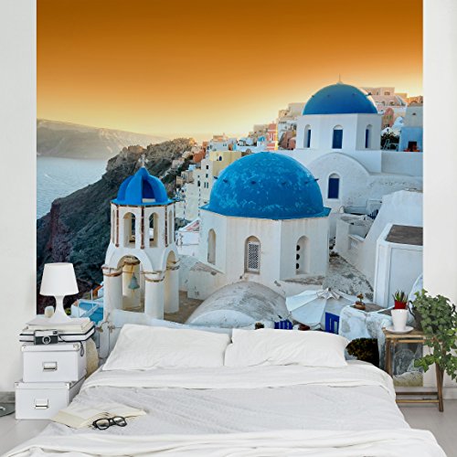 Apalis Vliestapete Sonnenuntergang über Santorin Fototapete Quadrat | Vlies Tapete Wandtapete Wandbild Foto 3D Fototapete für Schlafzimmer Wohnzimmer Küche | Größe: 192x192 cm, orange, 98021 von Apalis