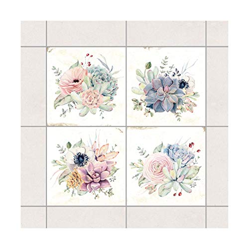 Fliesenaufkleber Aquarell Blumen Landhaus 10x10 cm Set 4teilig 10x10cm von Apalis