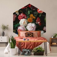 Hexagon Tapete Selbstklebend - Jan Davidsz De Heem Stillleben Mit Blumen in Einer Glasvase | Hexagonal Freiform Geometrisch Wand Wandbild von ApalisHOME