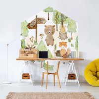 Hexagon Tapete Selbstklebend Kinderzimmer - Fuchs Und Bär Mit Bäumen | Hexagonal Geometrisch Tiere Freiform Sechseck Wand Wandbild von ApalisHOME