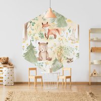 Hexagon Tapete Selbstklebend Kinderzimmer - Fuchs Und Hase Mit Bäumen | Hexagonal Geometrisch Tiere Freiform Sechseck Wand Wandbild von ApalisHOME