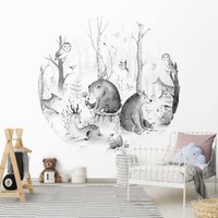 Runde Tapete Selbstklebend - Aquarell Waldtierfreunde Schwarz Weiß | Kindertapete Babyzimmer Kinder Fototapete Babytapete Baby Tiere von ApalisHOME