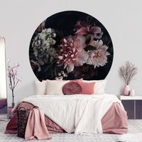 Runde Tapete Selbstklebend - Blumen Mit Nebel Auf Schwarz | Schlafzimmer Fototapete Floral von ApalisHOME