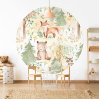 Runde Tapete Selbstklebend Kinderzimmer - Fuchs Und Hase Mit Bäumen | Kindertapete Babyzimmer Kinder Fototapete Babytapete Baby Tiere von ApalisHOME