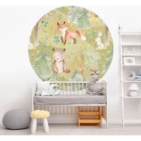 Runde Tapete Selbstklebend Kinderzimmer - Hase Und Fuchs Auf Grüner Wiese | Kindertapete Babyzimmer Kinder Fototapete Babytapete Baby Tiere von ApalisHOME