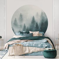 Runde Tapete Selbstklebend - Nadelwald Im Nebel | Schlafzimmer Fototapete von ApalisHOME