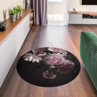 Runder Vinyl-Teppich - Rosa Blumen Auf Schwarz Vintage | Bodenmatte Vinyl Teppich Pvc Matte Küche Vinylmatte Badmatte von ApalisHOME