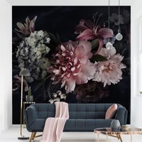 Tapete Blumen Mit Nebel Auf Schwarz | Vintage Fototapete Vliestapete Blumentapete Wandbild Shabby Xxl Schlafzimmer von ApalisHOME