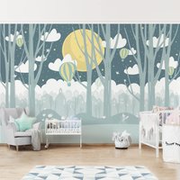 Tapete Kinderzimmer - Wald Mit Mond Bäumen Häuser Wolken Blau Grau Nacht | Babyzimmer Kinder Kindertapete Fototapete Babytapete Baby Junge von ApalisHOME