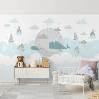 Tapete Kinderzimmer - Wolken Mit Wal Schloss Mond | Kindertapete Fototapete Babytapete Babyzimmer Baby Junge Blau Grau von ApalisHOME