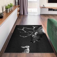 Vinyl-Teppich - Illustration Hirsch Und Hase Schwarz Weiß Malerei | Bodenmatte Vinyl Teppich Pvc Matte Vinylmatte Küchenläufer Badmatte von ApalisHOME