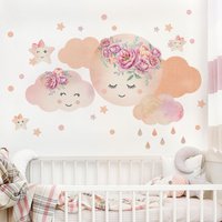 Wandtattoo Kinderzimmer Mädchen Aquarell Mond Wolken Sterne Blumenkranz Rosa | Mädchenzimmer Wandsticker Babyzimmer Wandaufkleber Baby Süß von ApalisHOME