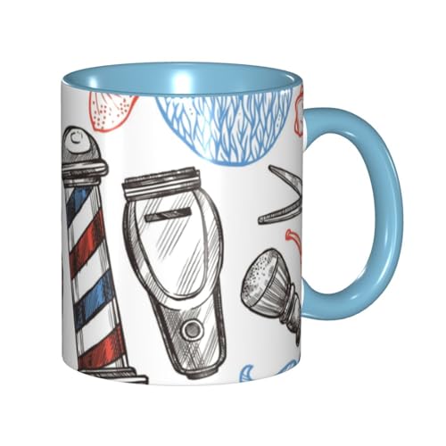 Apbdffjnf Barber Shop Monochromen Stil Druck Keramik Kaffeetassen 325 ml Keramikbecher Teetassen mit Griff für Büro und Zuhause Himmelblau von Apbdffjnf