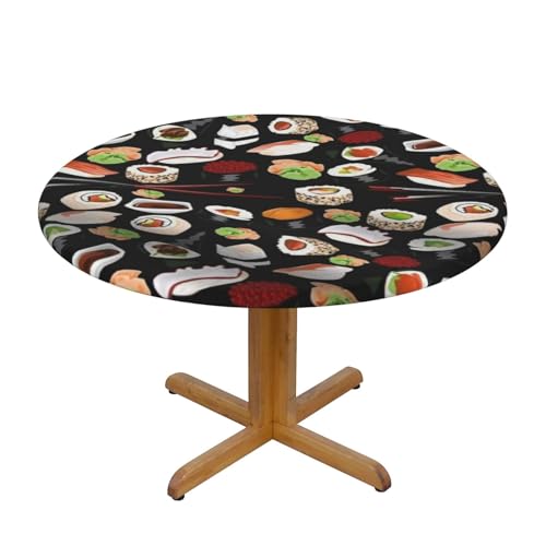 Apbdffjnf Japanische Sushi-Tischdecke, schwarz, bedruckt, abwischbar, knitterfrei, Polyester, runde Tischdecke für Esstisch, Größe M von Apbdffjnf