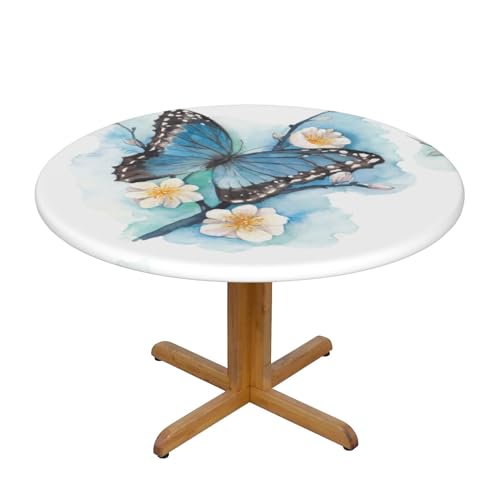 Apbdffjnf Tischdecke, Motiv: blauer Schmetterling auf Blüte, abwischbar, knitterfrei, Polyester, runde Tischdecke für Esstisch, Größe S von Apbdffjnf
